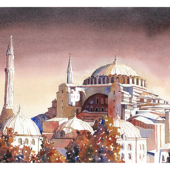 Hagia Sofia farverig akvarellandskabsmaleri Istanbul Tyrkiet kunst til hjemmet rejseartikler (print) for engroshandel hos Ryan Fox Fine Art