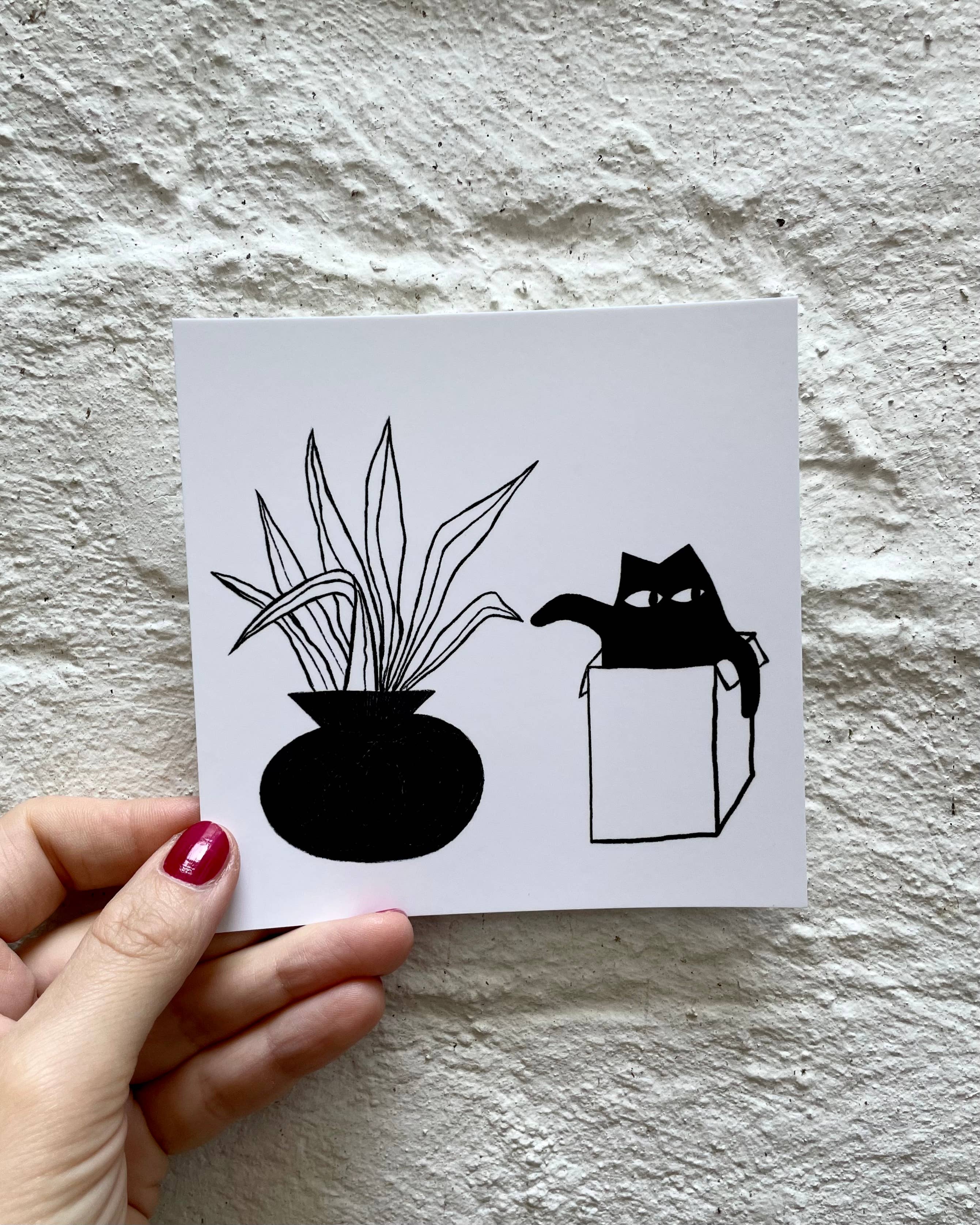 Anna Soba – wholesale Postcard – Cat with a plant 1, square postcard