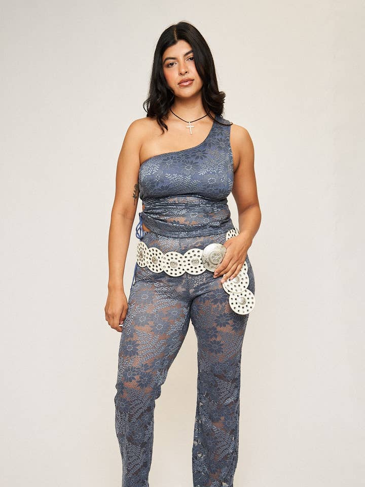 Carolina Lace Pant in Steel Blue for wholesale by What Lo Wants