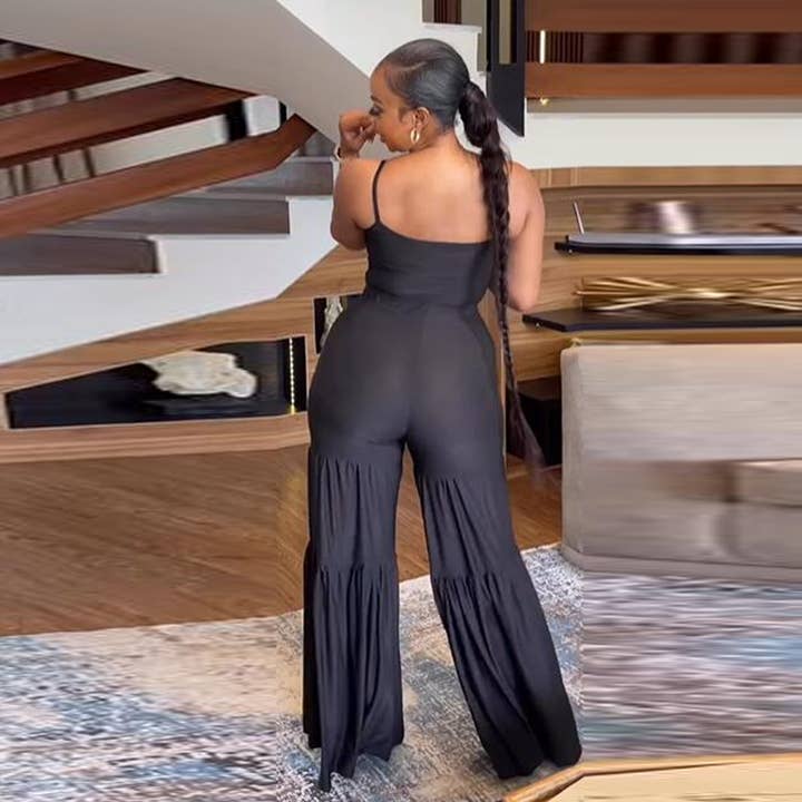Black Sexy Slim Fit Solid Color Stretch Flared Pants Two Piece Sling _ Enhance Your Style with Alluring Flare for wholesale on Faire1