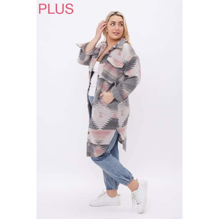 Sweet Generis - Wholesale Shirt Jacket/Shacket - Women's - PLUS LONG TRIBAL AZTEC BUTTON DOWN SHIRT JACKET SHACKET14