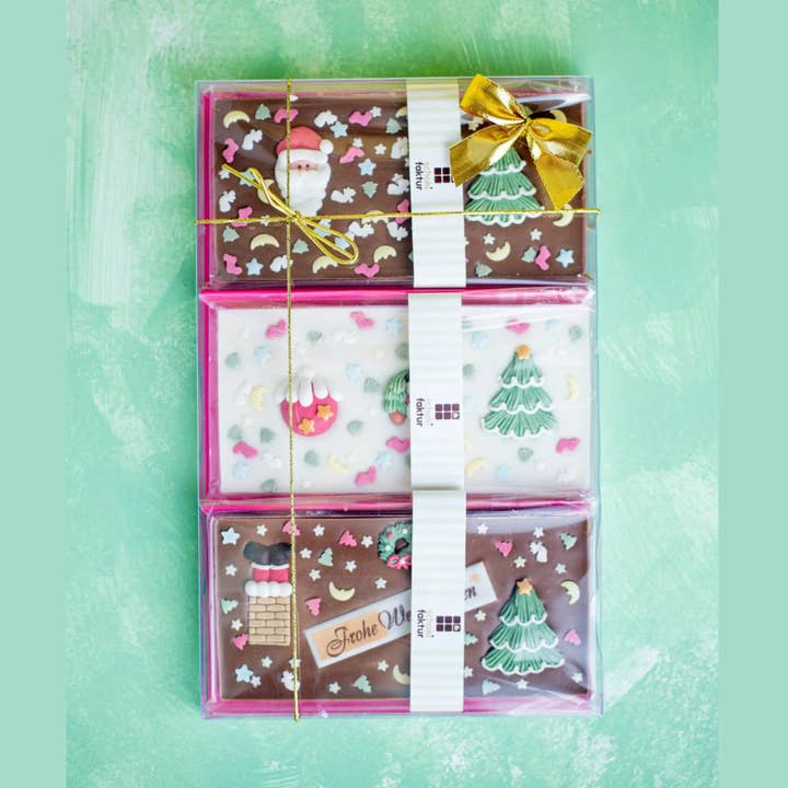 3-piece chocolate set with Christmas toppings for wholesale by Schokifaktur