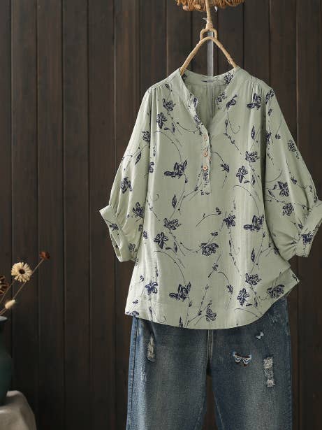 Whisper Mint - Wholesale Blouse - Women's - Women's V-Neck Printed Cotton Gauze Blouse