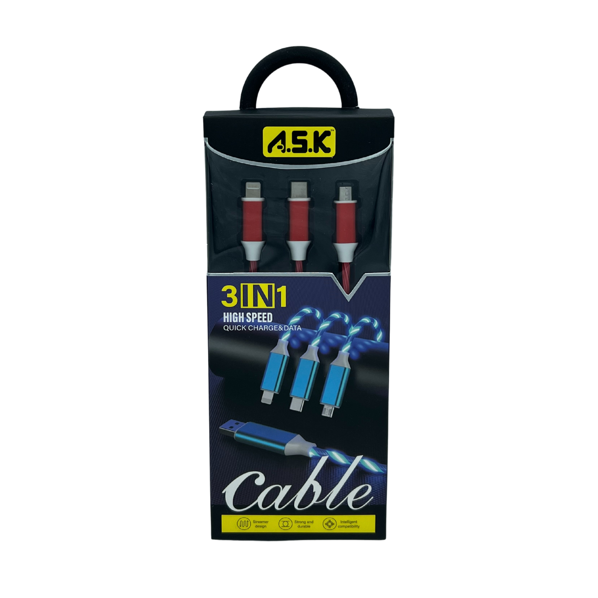 K & S WHOLESALE INC - Wholesale Charging Cable - A.S.K LED 3 in 1 Charging Cable with Multiport Device 48 CT3