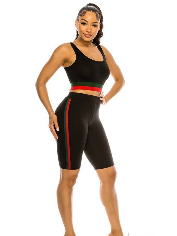 2 Pcs Set Muscle Tank Top and Biker Shorts with Two Stripe for wholesale by Lime All the Time