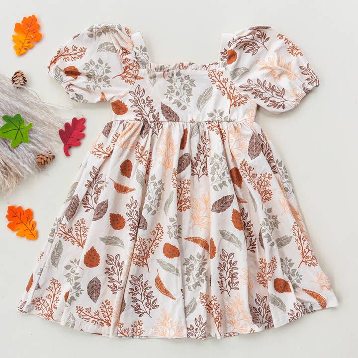 Short Sleeve Ruffle Neckline Dress- Fall Leaf for wholesale by Little Grey