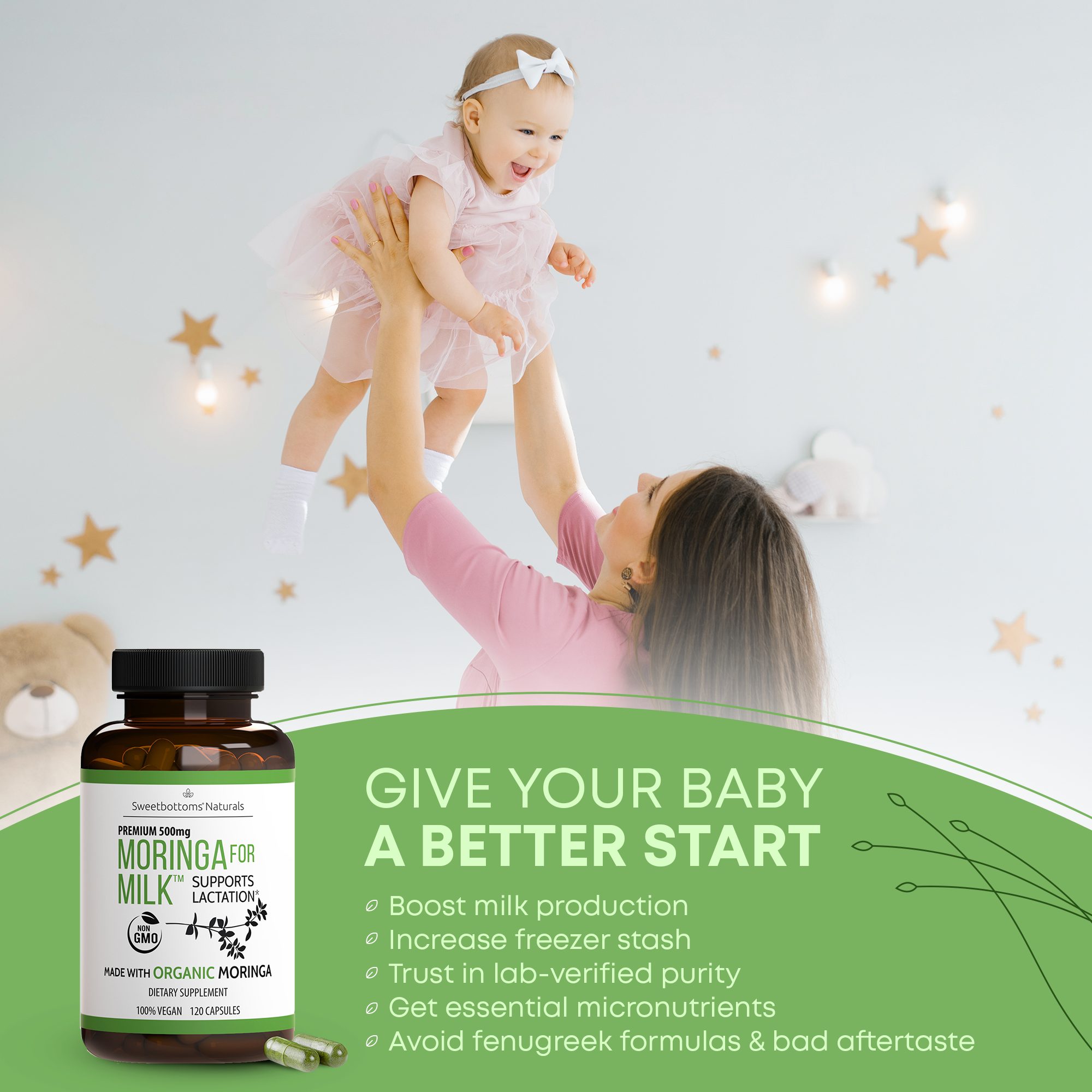 Sweetbottoms Naturals - Wholesale Oral Supplement/Vitamin - Organic Moringa for Milk Lactation Supplement - 120 Capsules3