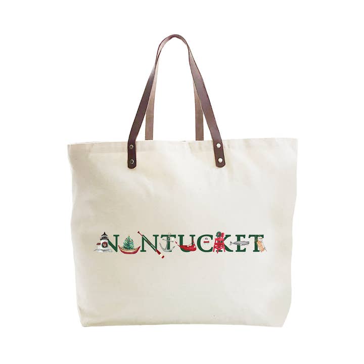 borsa grande con testo verde vacanza a Nantucket per la vendita all'ingrosso da parte di Tina Labadini Designs