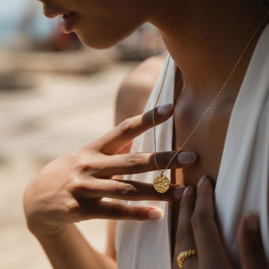 Gold Lunar – Großhandel Kette mit Anhänger/Charm – Geschmolzene gehämmerte Scheibenkette Halskette 18k vergoldet1