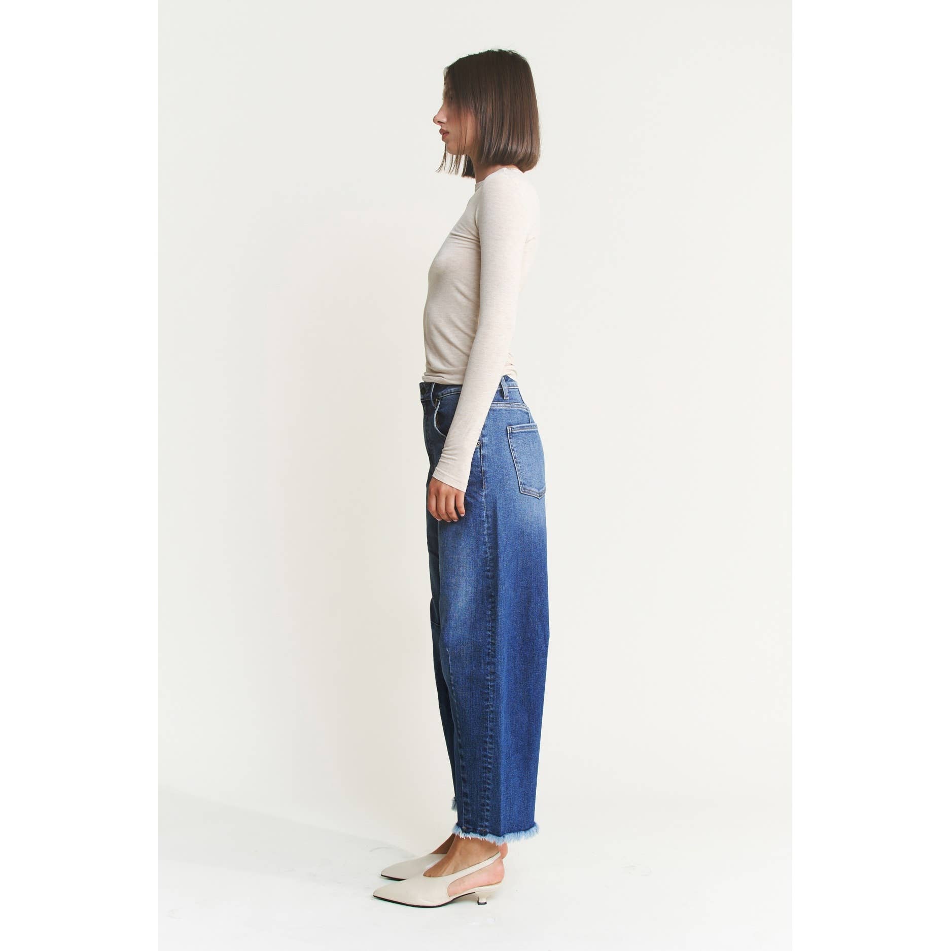 MEDIUM SAPHIRE SUPER HIGH DISTRESSED ANKLE BARREL-LEG for wholesale on Faire3