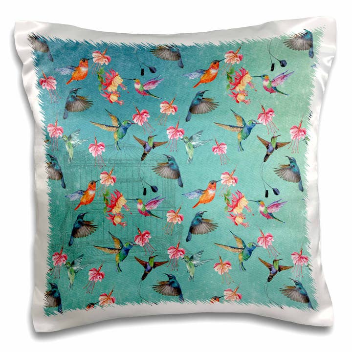 3dRose, Blommig Teal Vintage Akvarell Fuchsia Mönster Med Kolibrier, Kuddfodral för wholesale av 3dRose