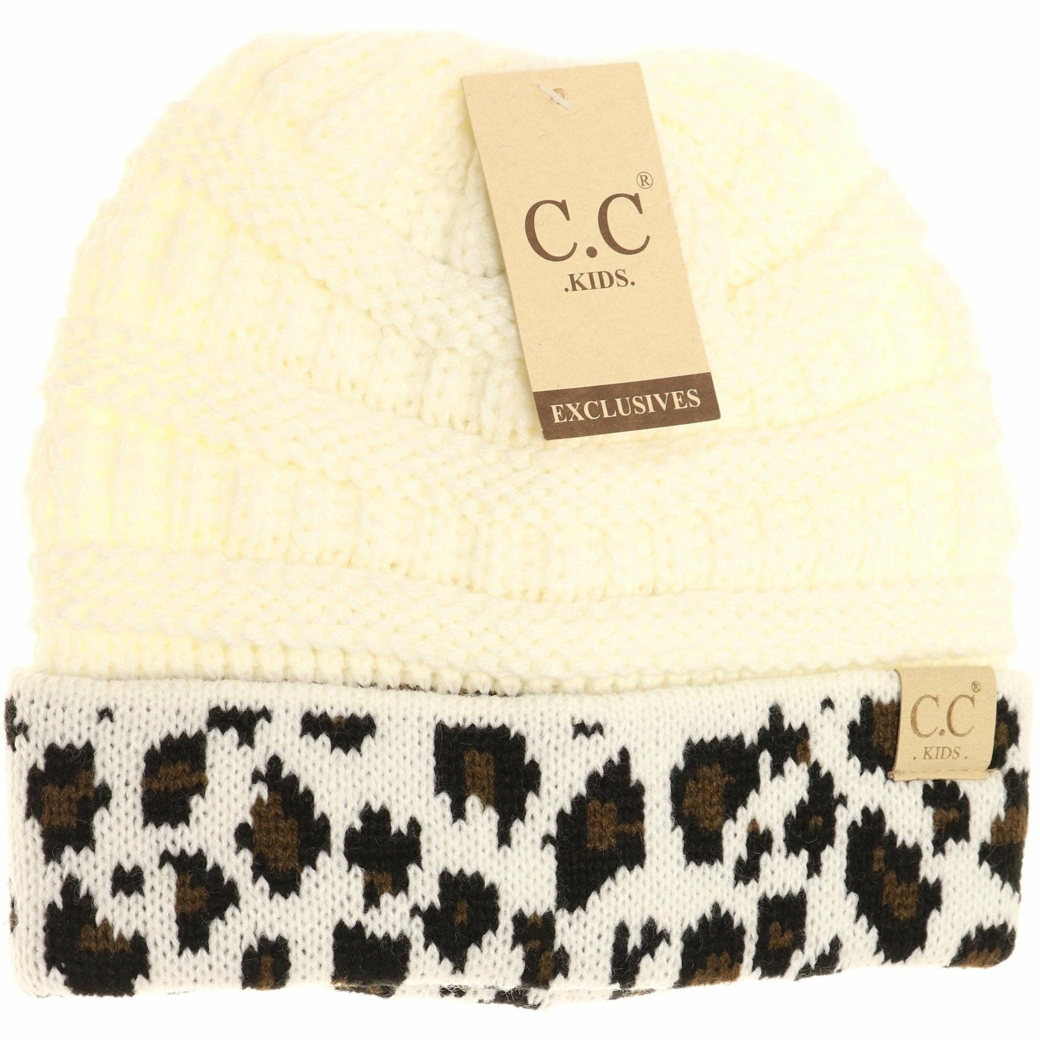 C.C Beanie – wholesale Mössa - Barn – Leopardmönstrad matchande manschett CC mössa för barn1