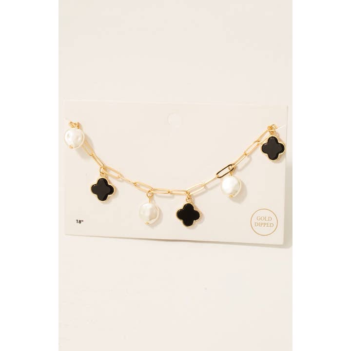 Gold Dipped Larger Pearl And Clover Charms Chain Necklace for wholesale by Fame Accessories