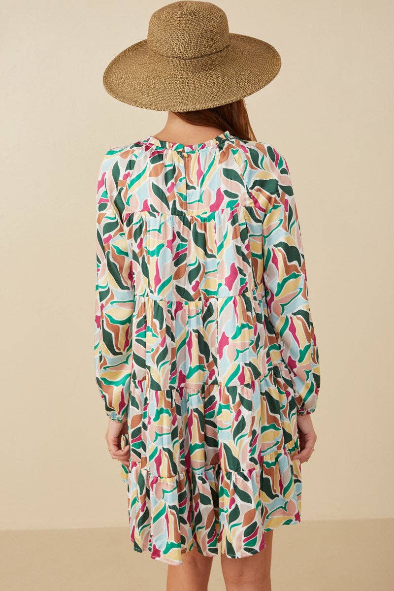 Magenta Mix Womens Abstract Floral Tiered Ruffle Neck Satin Dress for wholesale on Faire5