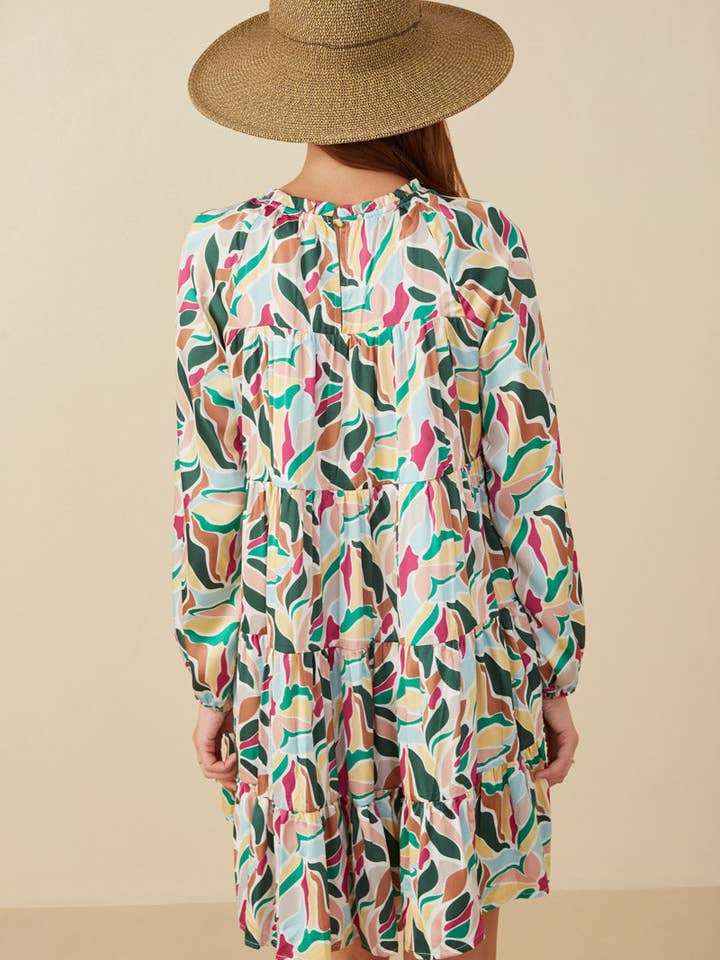 Magenta Mix Womens Abstract Floral Tiered Ruffle Neck Satin Dress for wholesale on Faire5