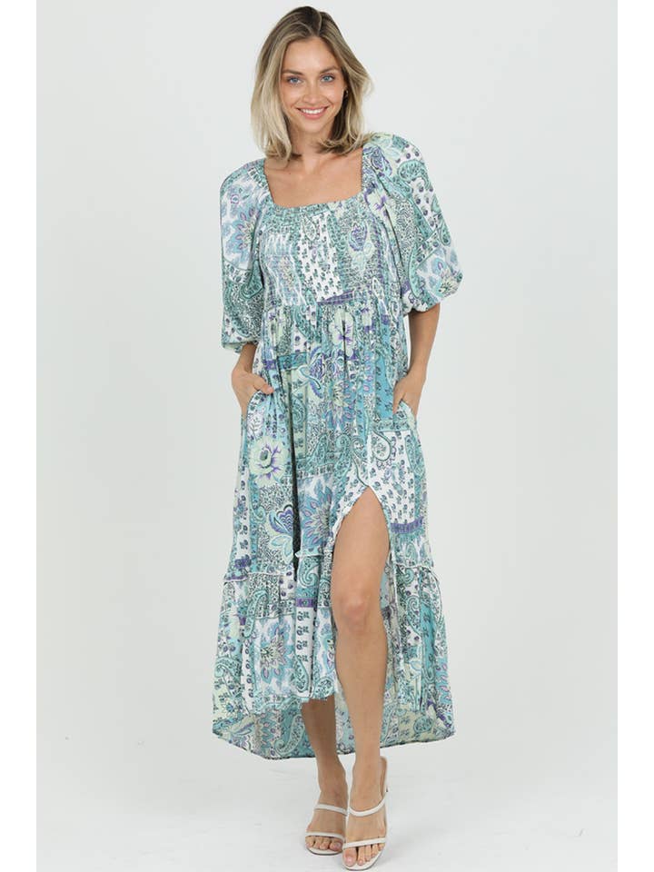 ANGIE - Wholesale Dress - Women's - C4B32-W909 SMOCKED BODICE MAXI DRESS WITH SLIT AND POCKETS