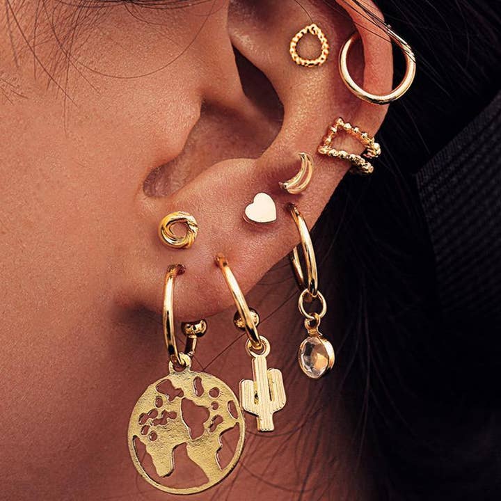 9 Piece 18K Gold Plated Earring Set for wholesale by Golden NYC Jewelry