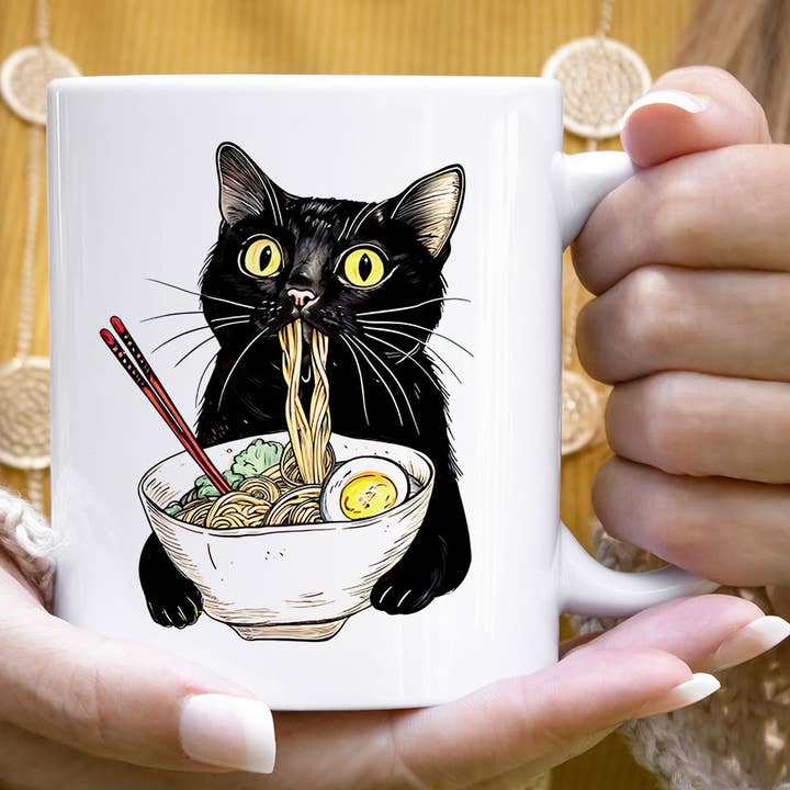 Cat Eating Ramen - Cute Funny Cat Tea Coffee Mug for wholesale by House Of Rodan