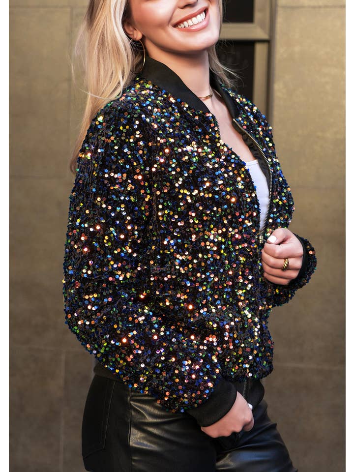 Anna Kaci Wholesale - Wholesale Jacket - Women's - Women's Sparkly Sequin Jacket Glitter Long Sleeves Front Zip23