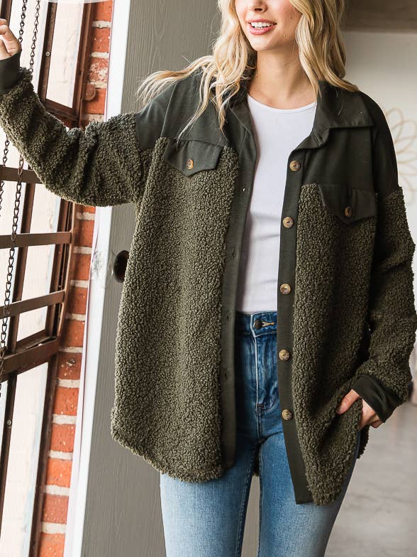7th Ray - Wholesale Shirt Jacket/Shacket - Women's - Cozy Faux Fur Button Down Pocket Teddy Shacket T4958XL