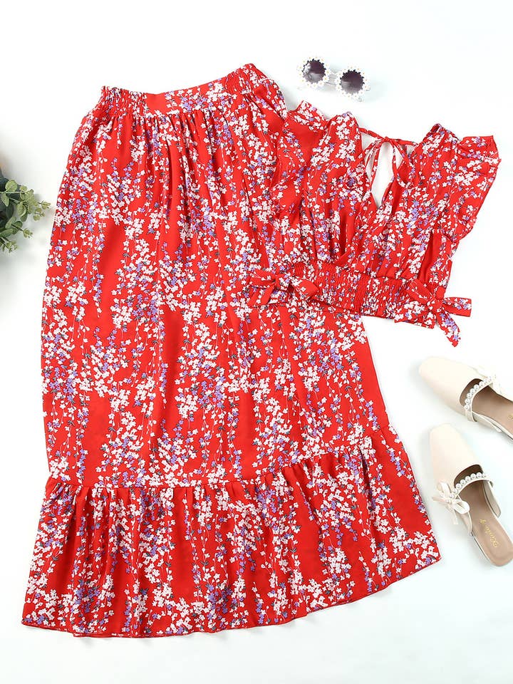 FULL TIME PURCHASE - Wholesale Top & Skirt Set - Women's - Floral Ruffled Crop Top and Maxi Skirt Set