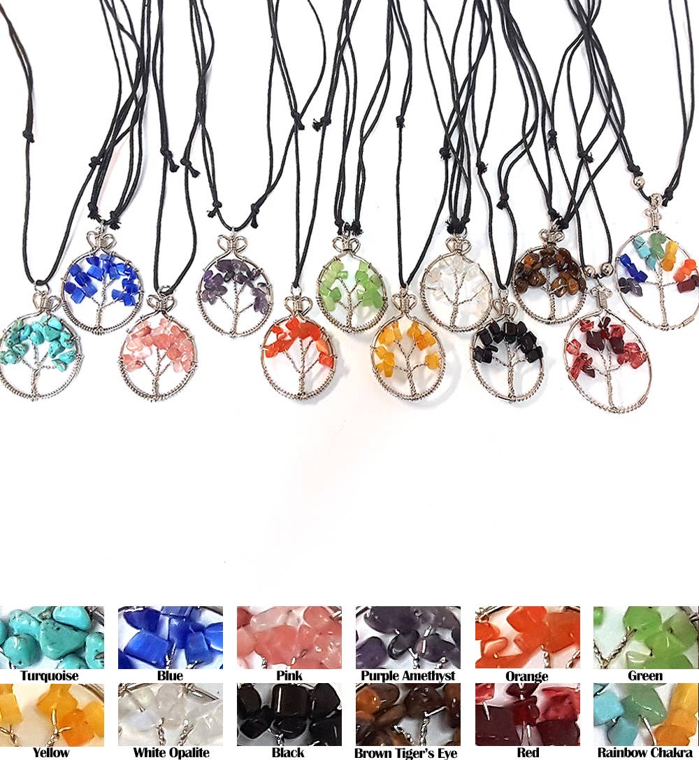 Pichincha - Wholesale Pendant/Charm Necklace - Round Chip Stone Tree of Life Wire Wrapped Pendant Necklace15