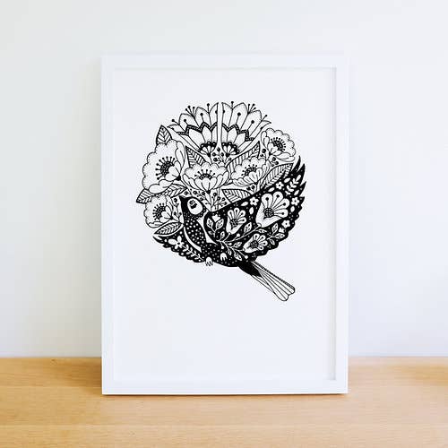 Black and White Folk Bird Print - A5 or A4 for wholesale by Wensdi Made