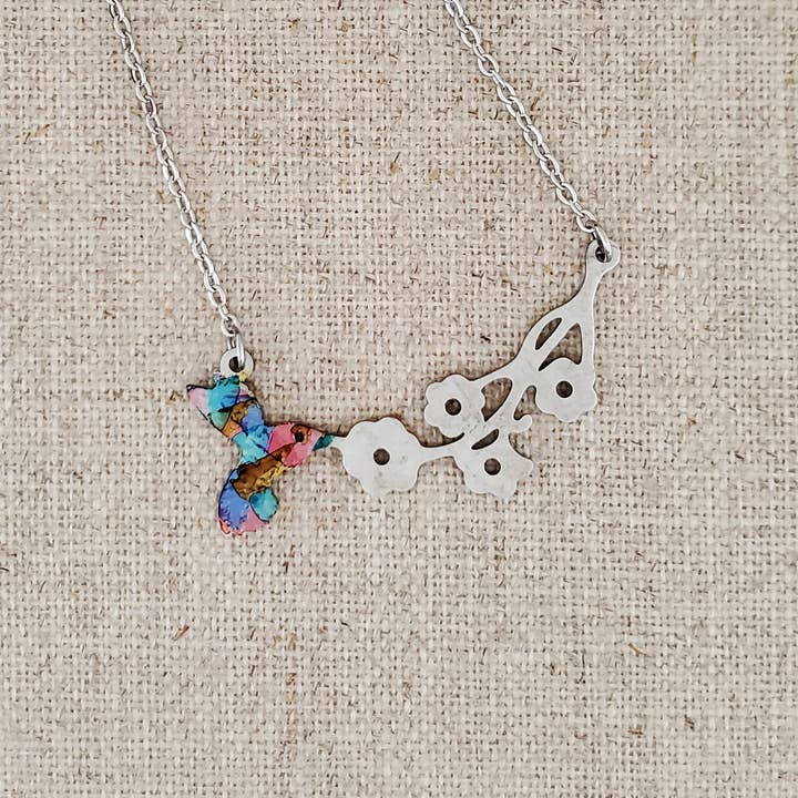 Alcohol Ink Stainless Steel Hummingbird Necklace for wholesale by Covaly Artisan Jewelry