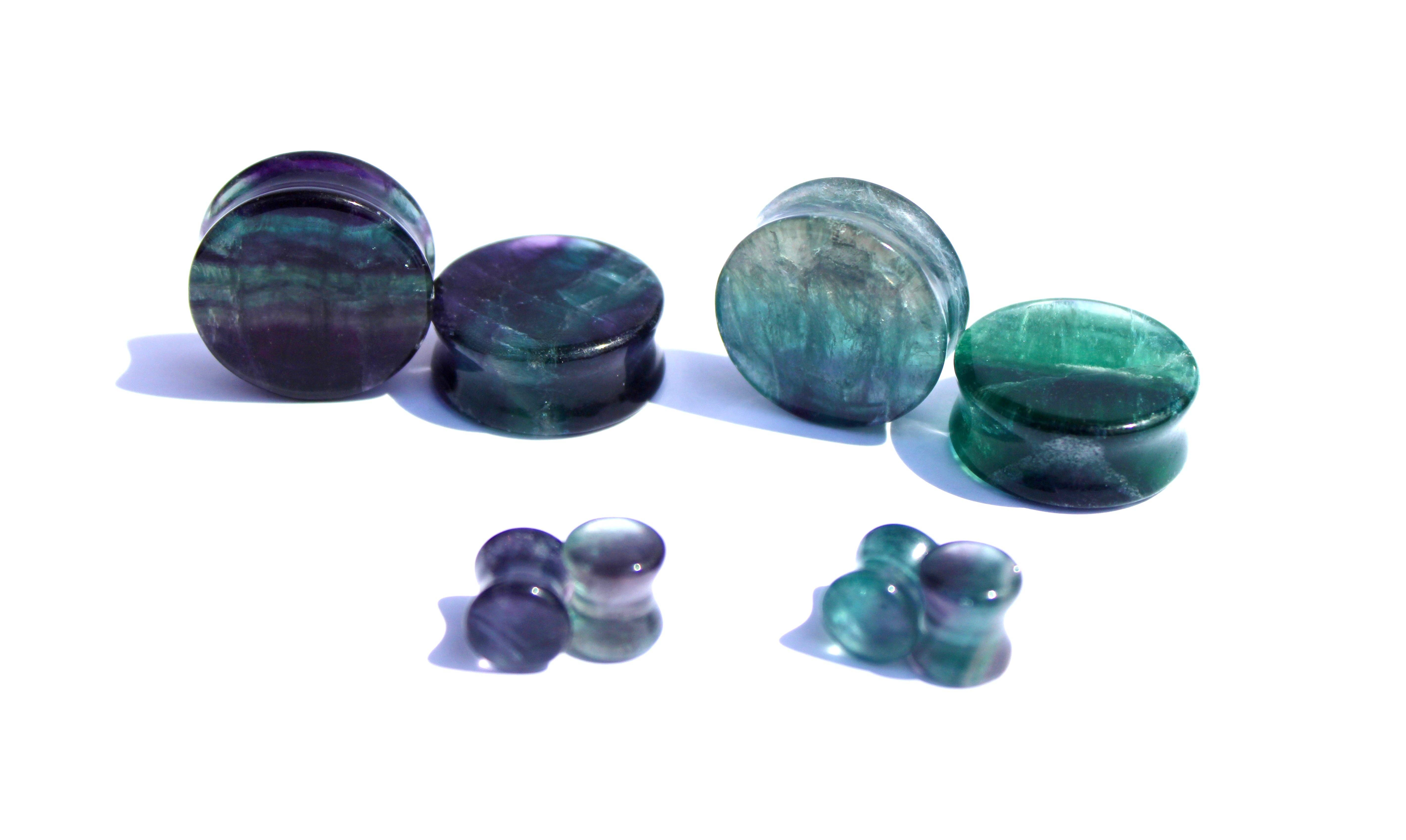 EC Plugs and Gems - Vente Écarteurs - Piercings en pierre de fluorite arc-en-ciel à double évasement – Écarteurs en cristal naturel aux violets et verts vibrants 3mm-35mm - Fluorite jaune listée comme variation1