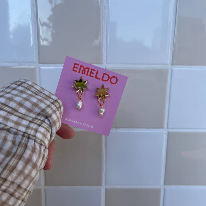 Emeldo โ wholesale Dangle earrings โ Starburst Pearl mini Drops // gold mirror acrylic pearl bead3