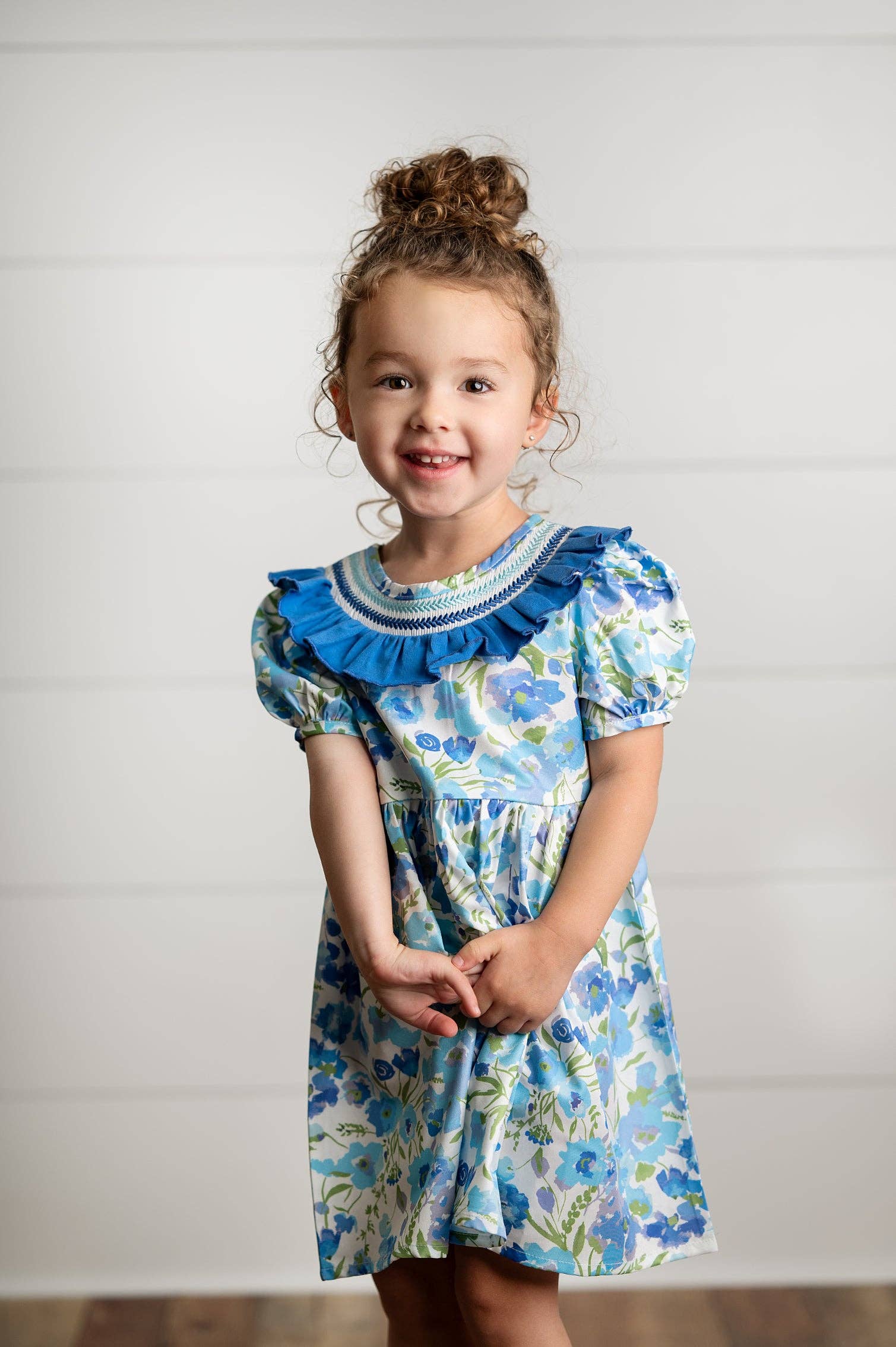 Wren & James - Wholesale Dress - Kids - Girls Blue Vintage Floral Embroidered Ruffle Dress3