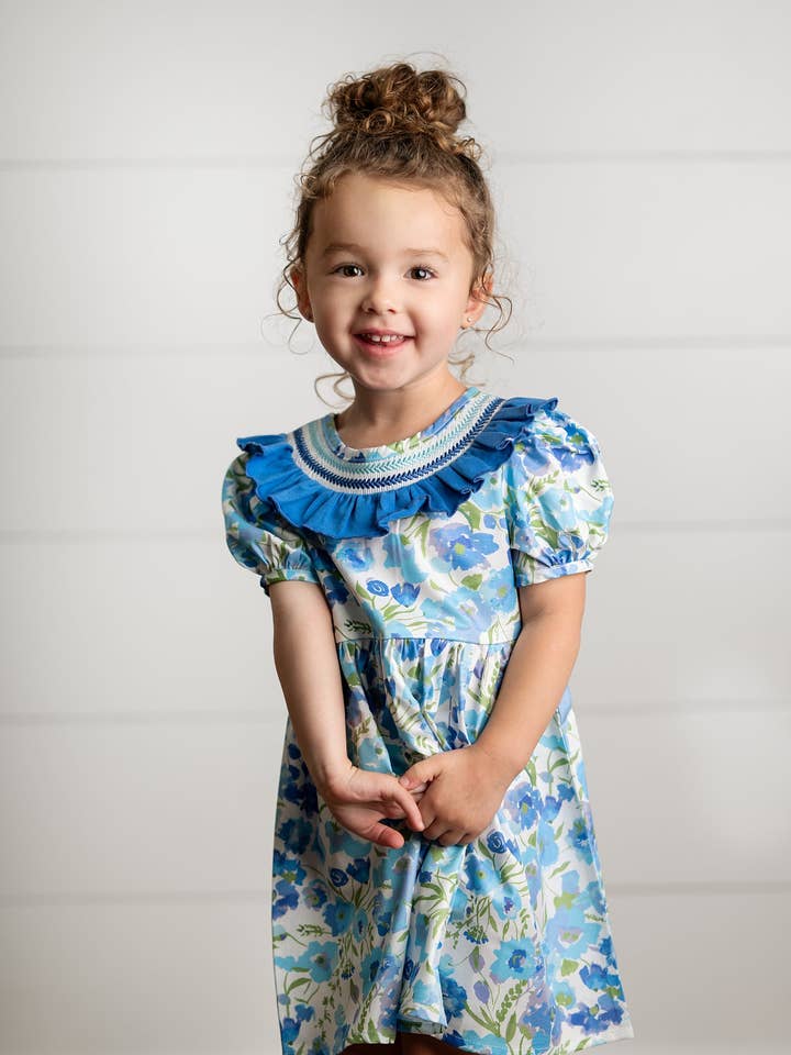 Wren & James - Wholesale Dress - Kids - Girls Blue Vintage Floral Embroidered Ruffle Dress3