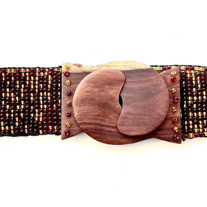 Game Day belt hand loomed glass bead MIX of garnet & gold for wholesale by Erik & Mike