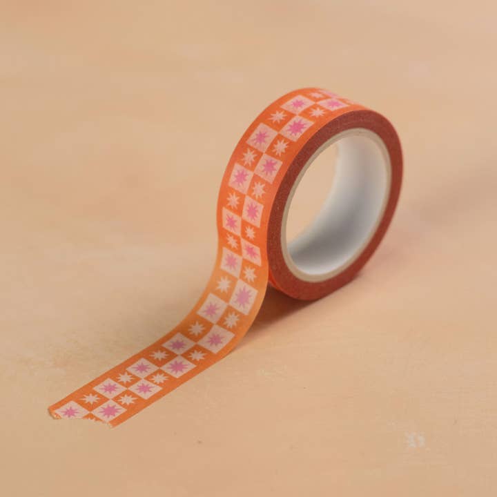 Lately Studio - Wholesale Washi Tape - Star Checkerboard Washi Tape | Orange Checker Paper Tape2