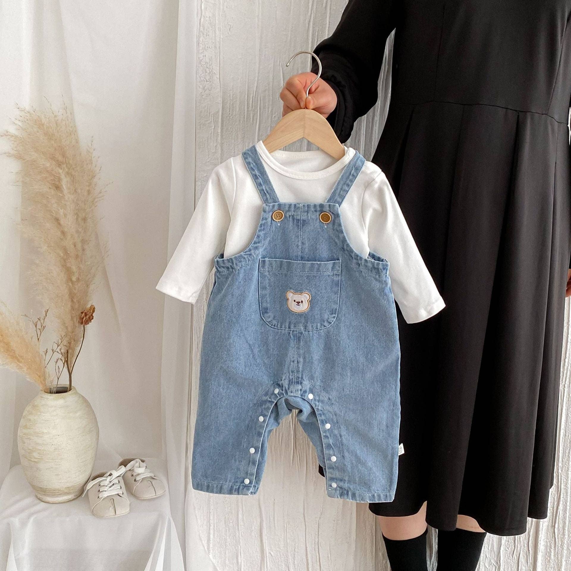 Blue Spring and Autumn Baby Kids Unisex Long Sleeves White Top and Denim Sleeveless Overalls Clothing Set for wholesale on Faire1