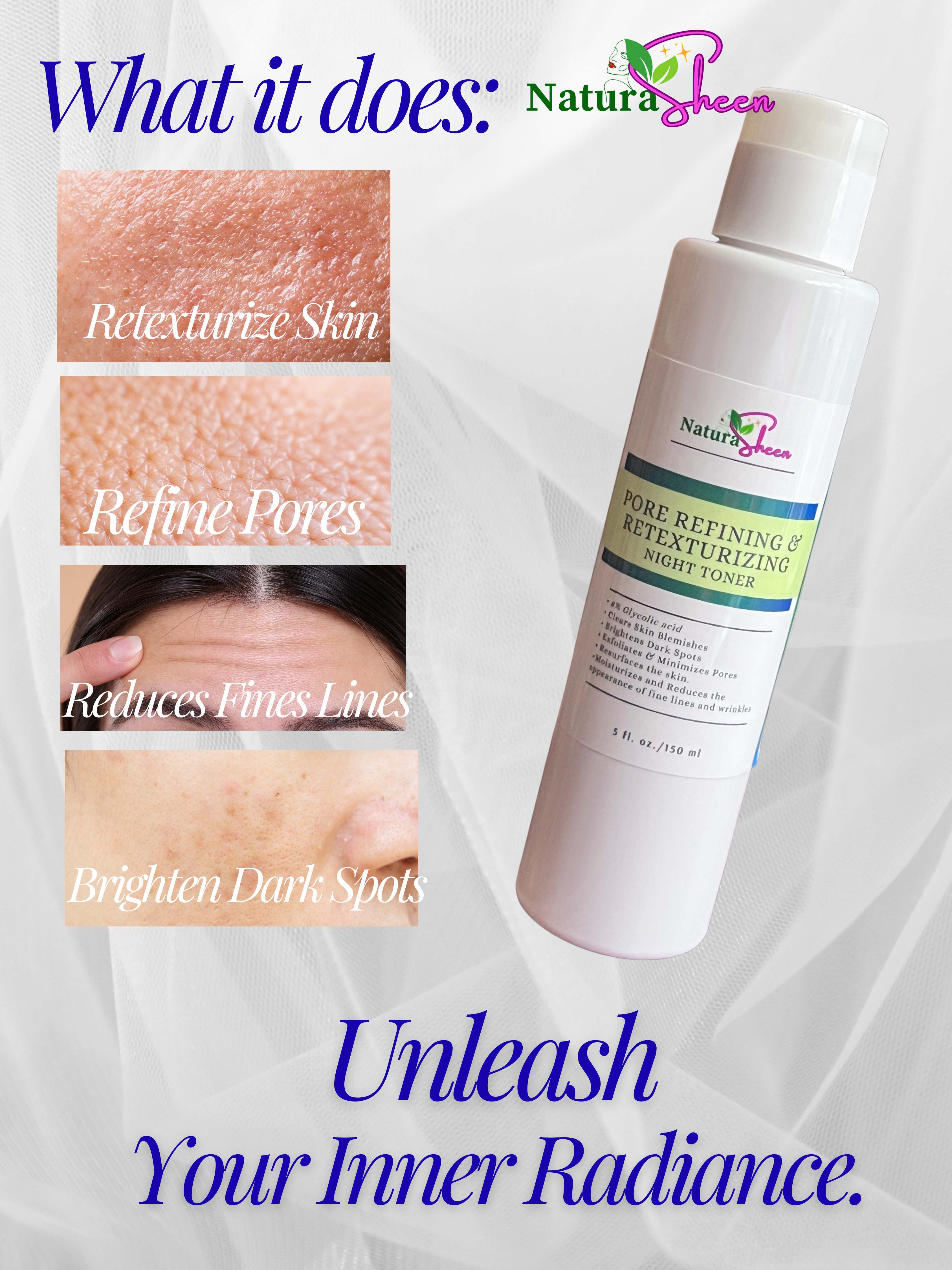 NaturaSheen Skin Care – Toner facial por atacado – Tónico Refinador de Poros e Retexturizante 150ml/5oz Ácido Glicólico1