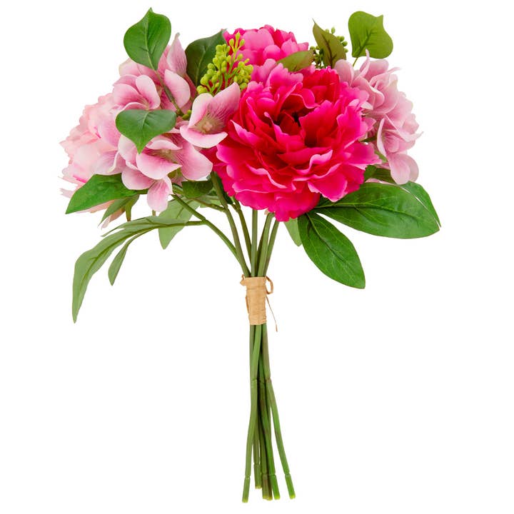 38 cm Pfingstrosen-Hortensienstrauß mit Grün in Dunkel- und Mittelrosa für den Großhandel von Eleganza Floral