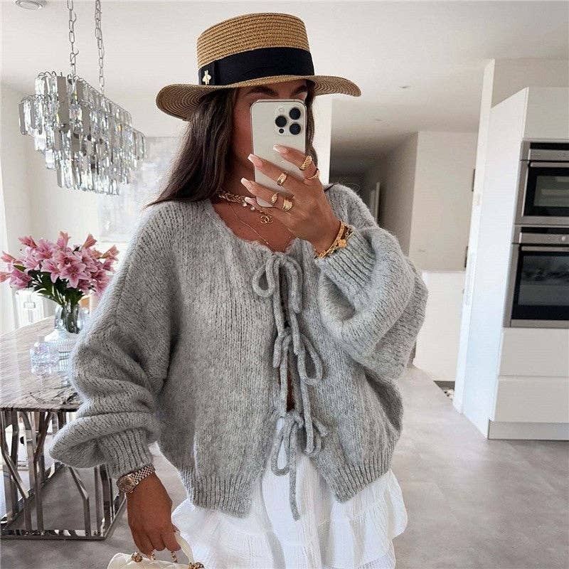 Sheer Trend – Großhandel Strickjacke – Damen – Einfacher Strickjacke mit Bindegürtel und Rundhalsausschnitt1