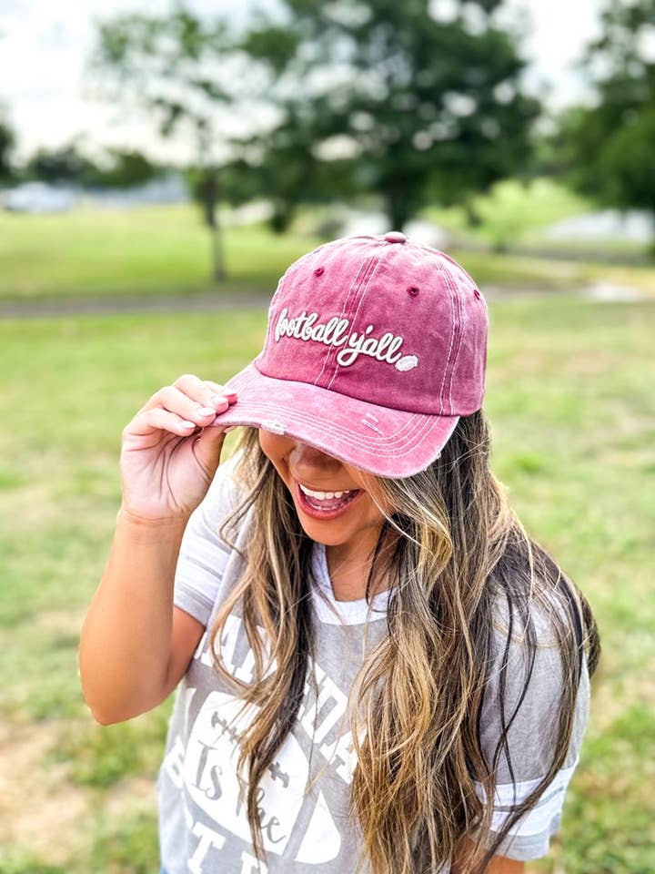 Cream Football Y'all Embroidery on Maroon Hat for wholesale by Clov Blanks