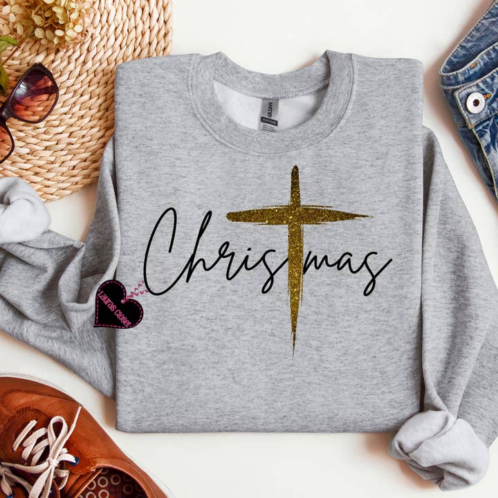 Lauras Closet - Wholesale Graphic Sweatshirt - Women's - Christmas with Gold Cross
