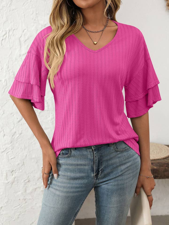 Lovesoft - Wholesale Blouse - Women's - 2025 Spring Solid Color V-Neck Ruffle Sleeve Short-Sleeve Top
