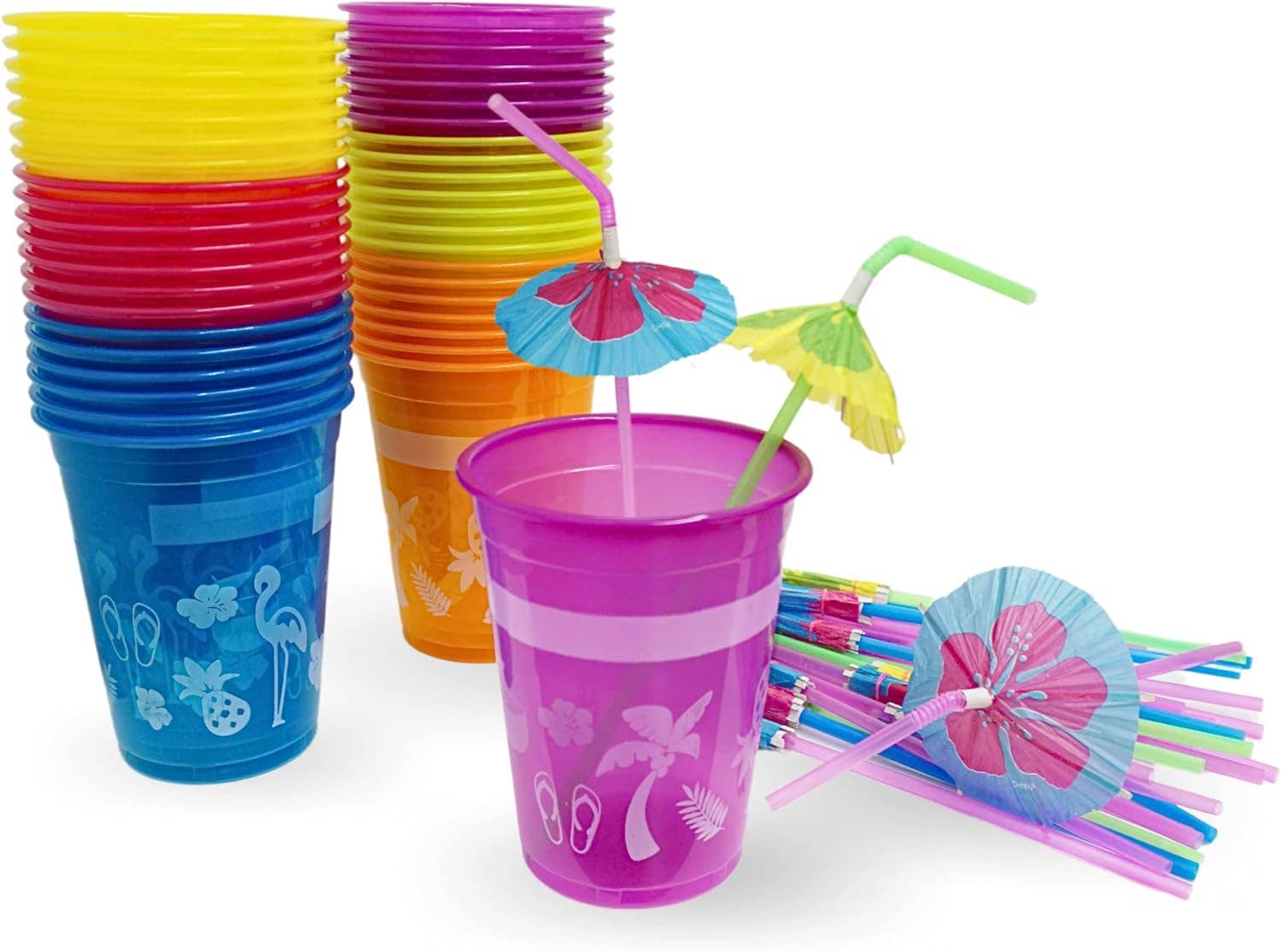 4E's Novelty - Vente Gobelets jetables - Lot de 48 gobelets tropicaux de fête 4E's Novelty avec pailles parasol – Ensemble de vaisselle de boisson hawaïenne vibrante7