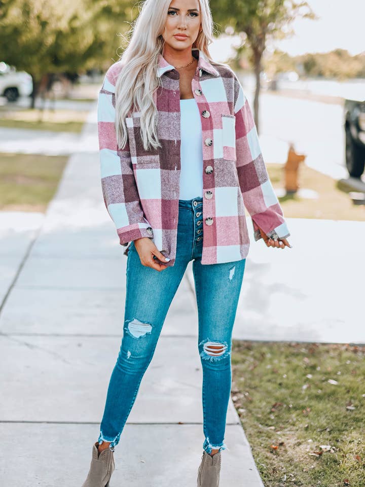 Lovesoft - Venta al por mayor Sobrecamisa - Mujer - Chaqueta casual de manga larga con botones en bloque a cuadros y bolsillo13