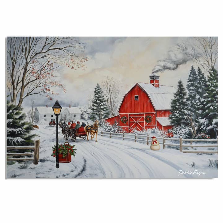 Winter Barn Sleigh and Snowman Festive Farm Scene Canvas for wholesale by Art Paradise Studios