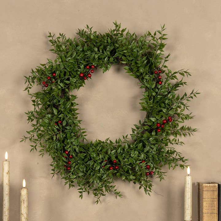 22" MEXICAN FERN WREATH W/ RED BERRIES for wholesale by Ragon House