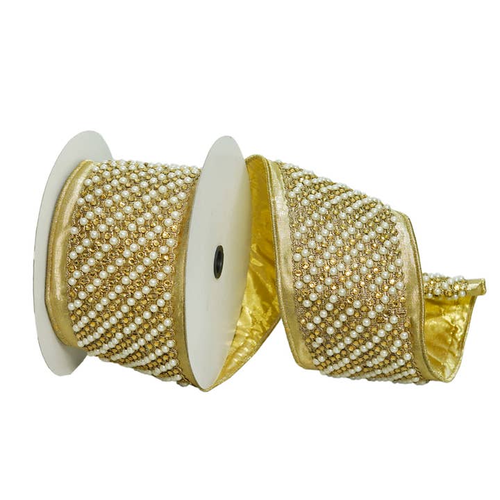 Vickerman 4"x5yd Gold Jewel Pearls Ribbon for wholesale by Vickerman