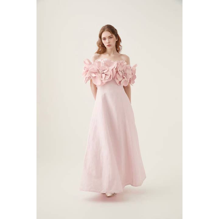 DR493 Pink A-Line Dress with 3D Floral Off-Shoulder Design for wholesale by Productseeker