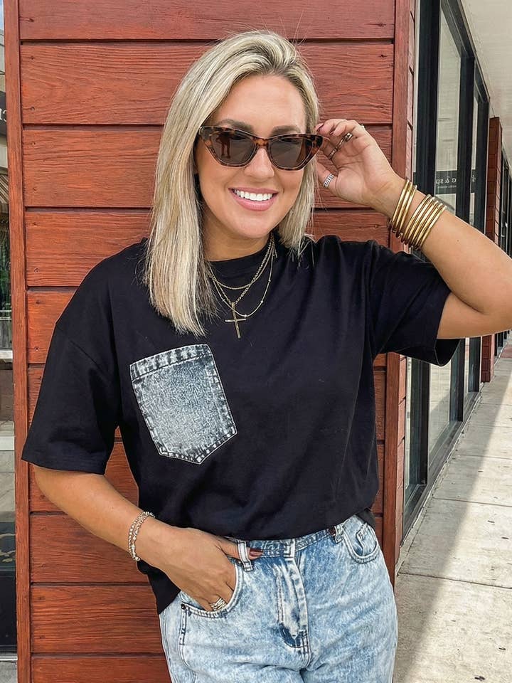 LAS-LIVE Contrasted Denim Patch Pocket Loose T Shirt (S-XL) for wholesale by LA Society