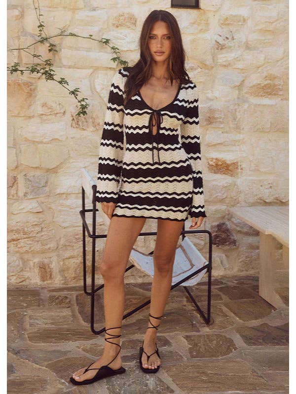 Black Zahara - Crochet Wave Knit Mini Dress for wholesale on Faire