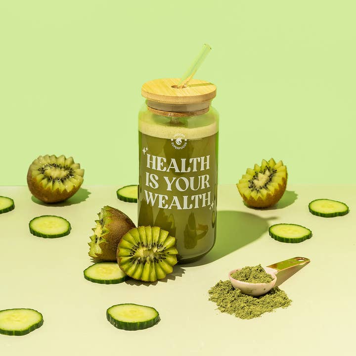 Health Is Your Wealth Glass Tumbler for wholesale by Unicorn Superfoods